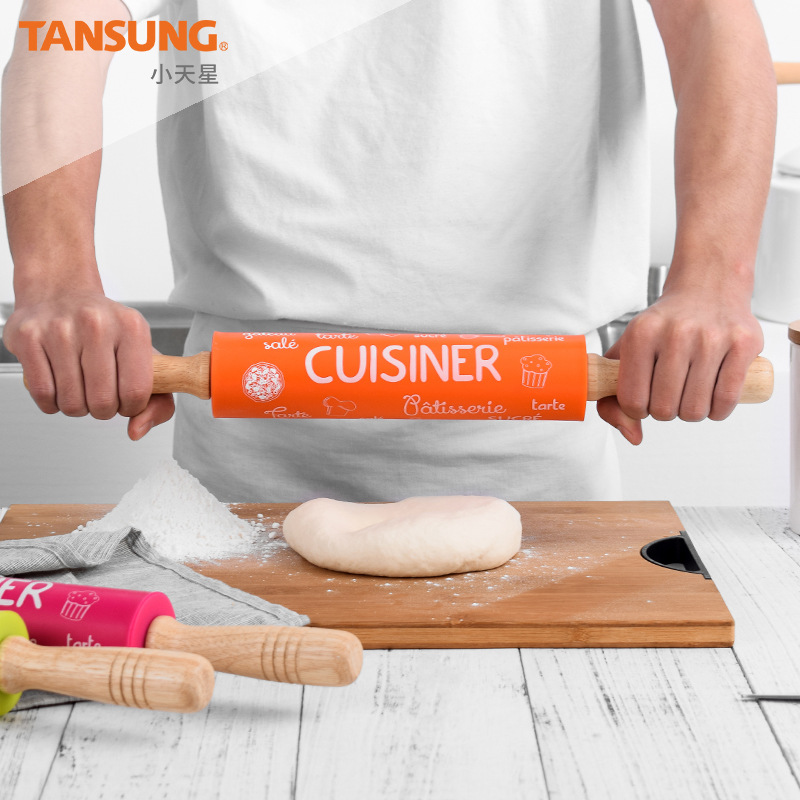 Ready-made Baking Tools Wooden Handle Food Grade Silicone Rolling Pin Roller Rolling Pin Non-stick Flour Stick