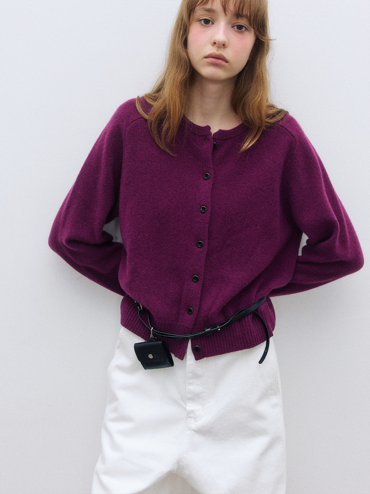 Casual Round Neck Pure Wool Classic Versatile Solid Color Simple Knit Cardigan