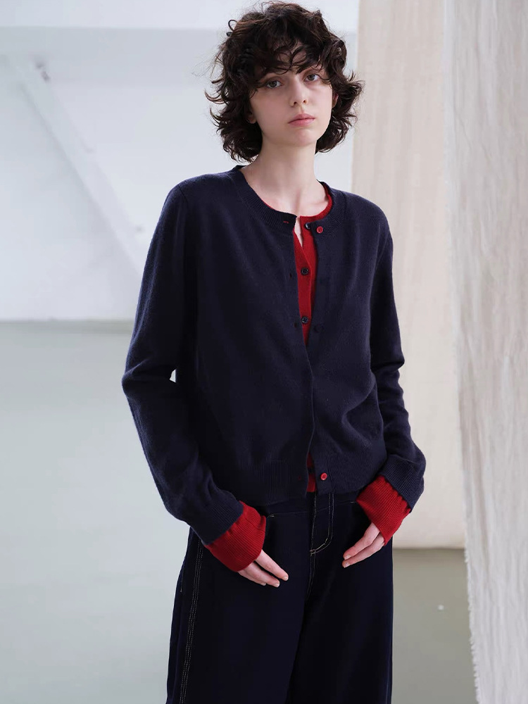 Relaxed, Two-piece Style, Color-blocked, Soft Wool Knit Cardigan, Versatile And Elegant.