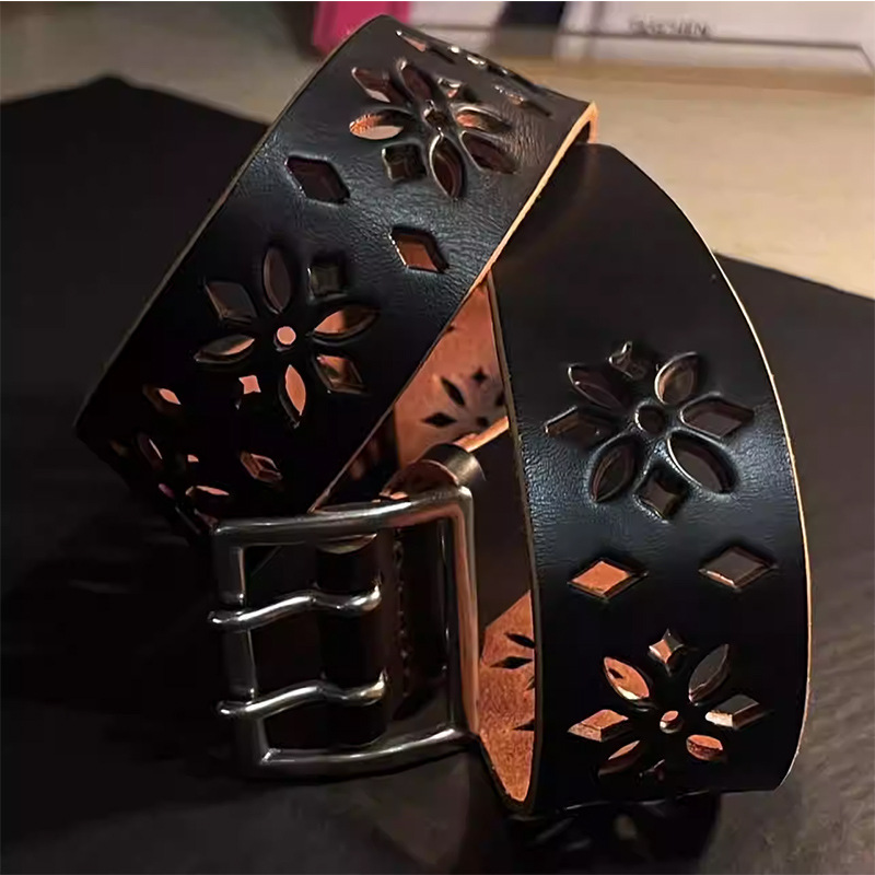 Yamamoto Dark Style Belt, 100% Top Grain Cowhide, Street Style Plain Black Carved Hollow Out Belt, Genuine Leather Designer Leather Belt