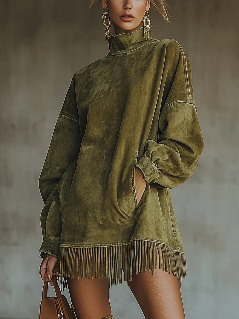 High-neck Suede Retro Loose-fitting Long-sleeved Dress With Pockets And Tassels