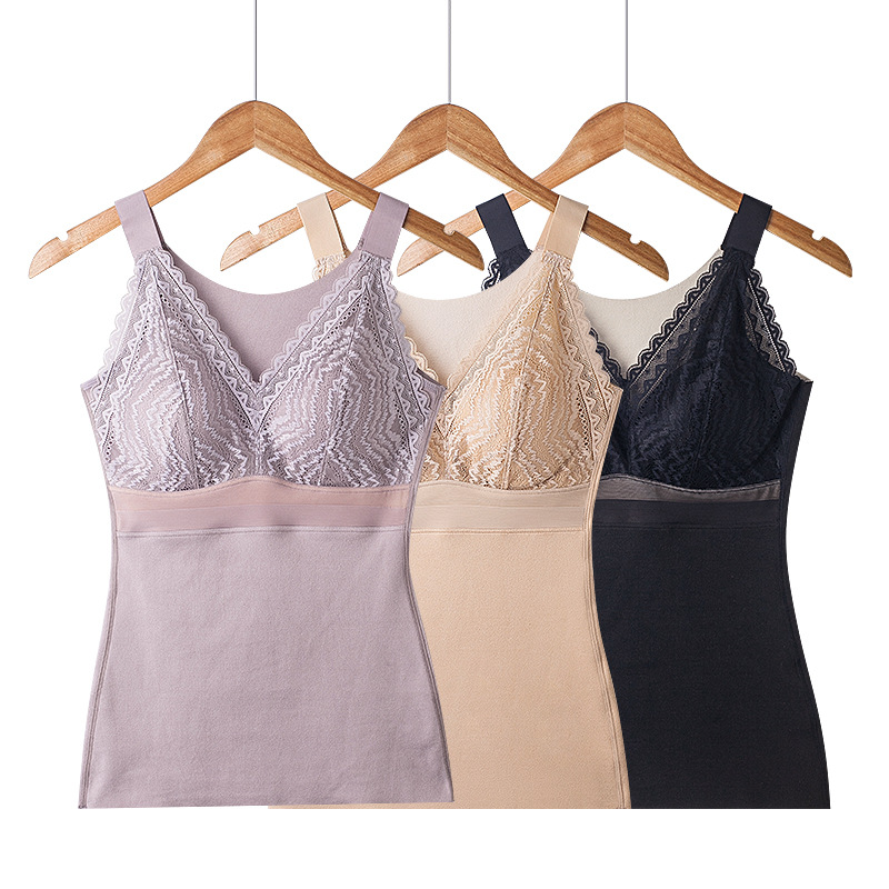De Velvet Thermal Vest Women's V-neck One-piece Chest Pad Fleece-lined Thickened Slim-fit Lace Underwear