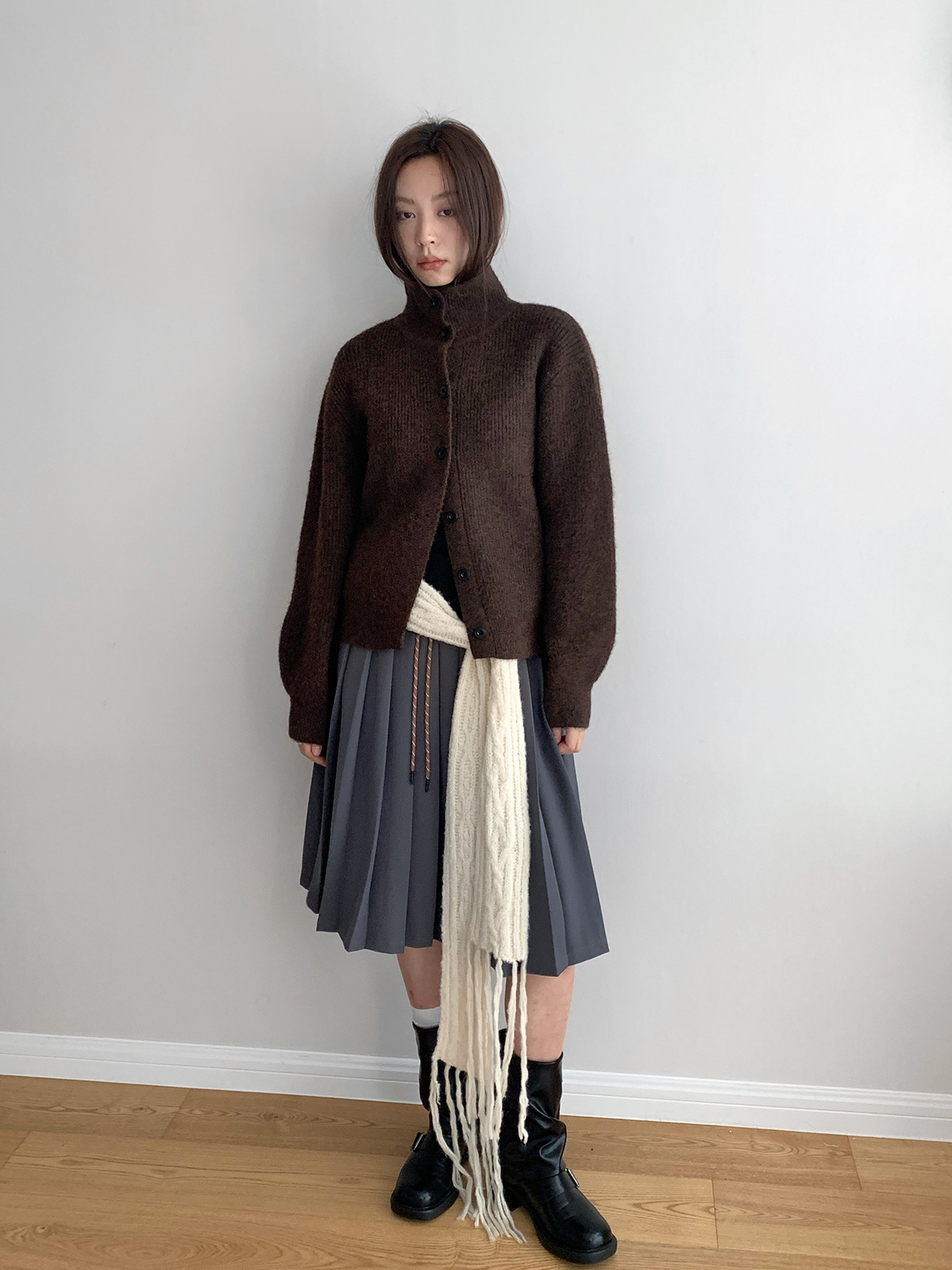 Dorothy Tricolor South Korea Winter Maillard Soft Waxy High Neck Single-breasted Knitted Sweater Lazy Cardigan Jacket