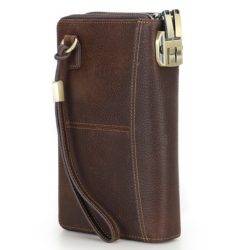 Black Angel Litchi Leather RFID Anti-theft Brush Double Zipper Clutch Wrist Strap With Password Lock Travel Passbook Bag