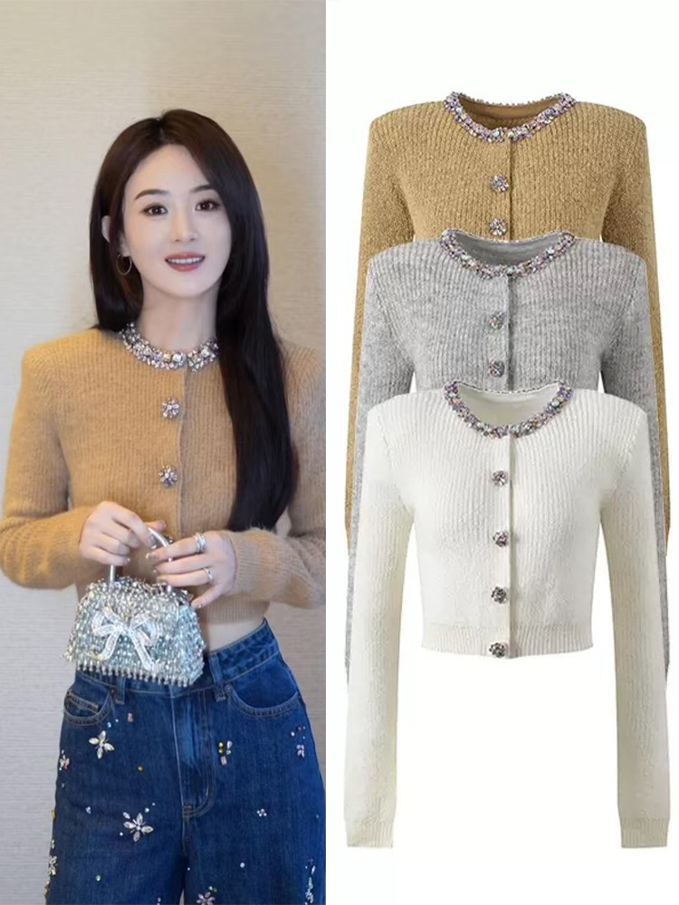 彩钻！SP家象牙白羊毛混纺千金风精致通勤短款女开衫