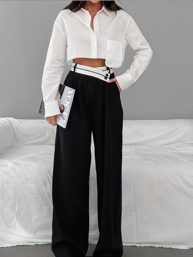 High-waisted, Elegant Color-blocked Crossover Waistband Wide-leg Trousers