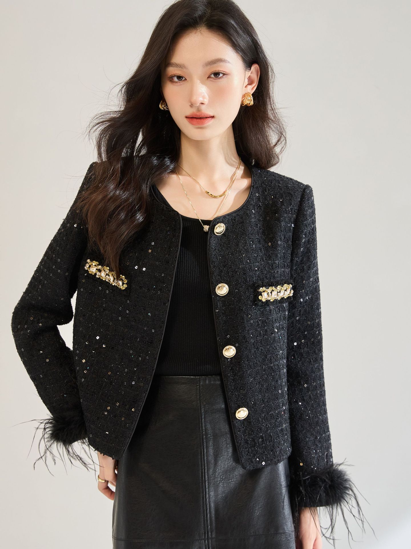 Detachable Ostrich Feather Black Crew Neck Top, Karl Lagerfeld Coat
